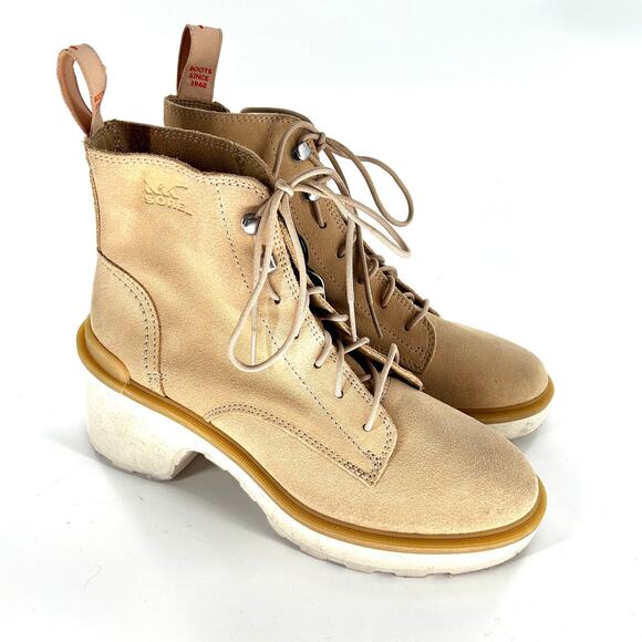 NWT Sorel Hi-Line Lace Up Chunky Heel Boots 7.5 Suede Tan Ankle Booties - Picture 6 of 9
